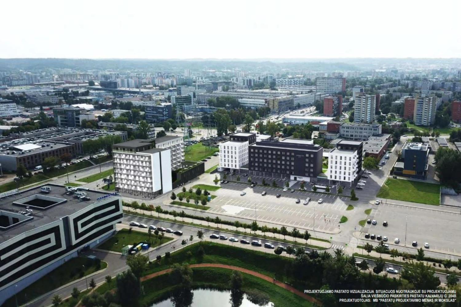 Planuojamas pastatas – kairėje. Bendrovės vizualizacija.