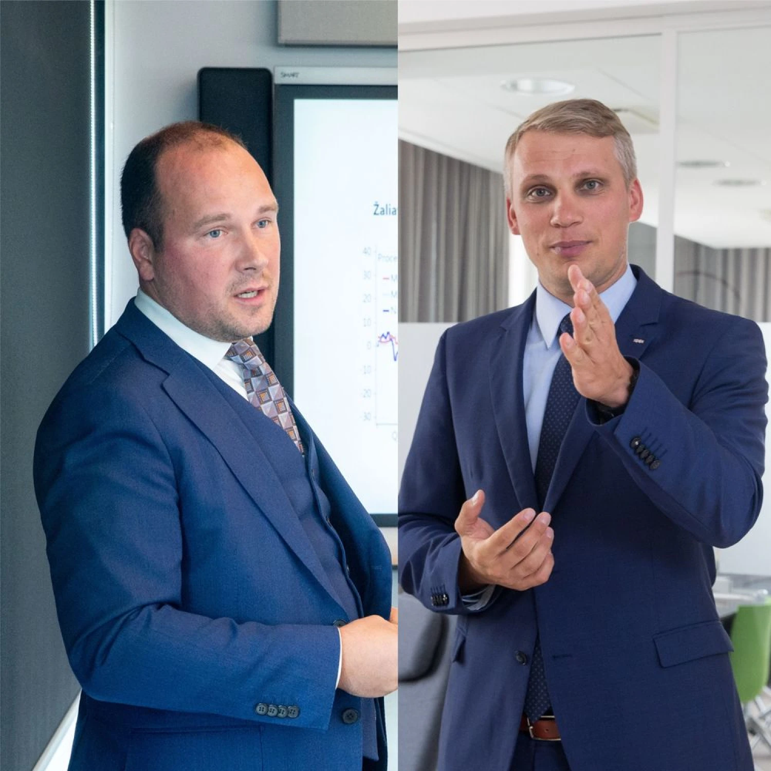 Žygimantas Mauricas, „Luminor“ vyriausiasis ekonomistas (kairėje) ir Vilius Juzikis, SEB banko valdybos narys. VŽ koliažas.