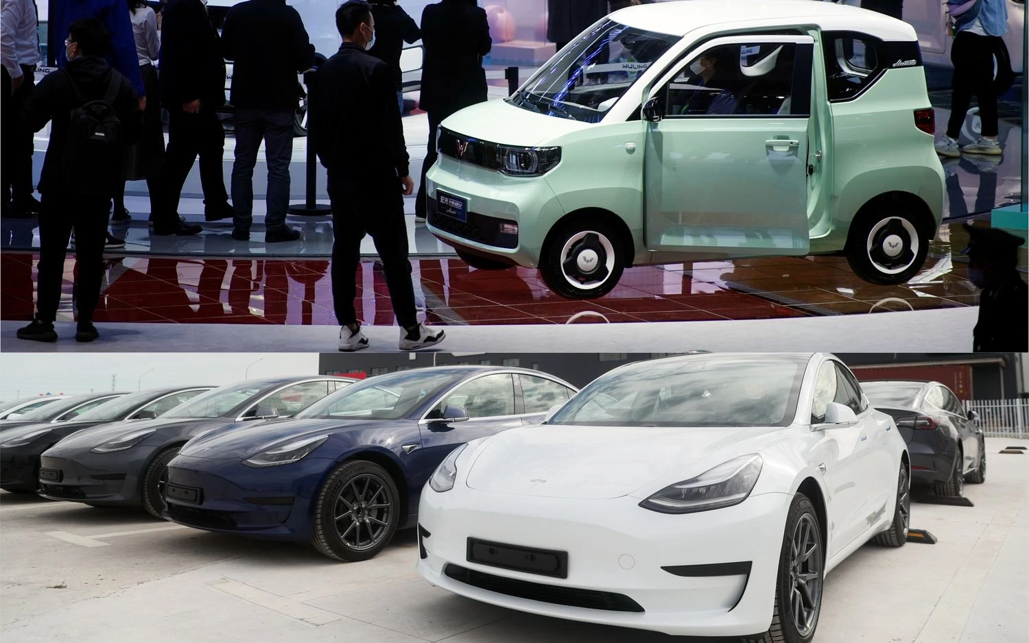 „Hong Guang Mini EV“ ir „Tesla Model 3“ automobiliai. „Reuters“ ir „Zumapress“ / „Scanpix“ nuotr.