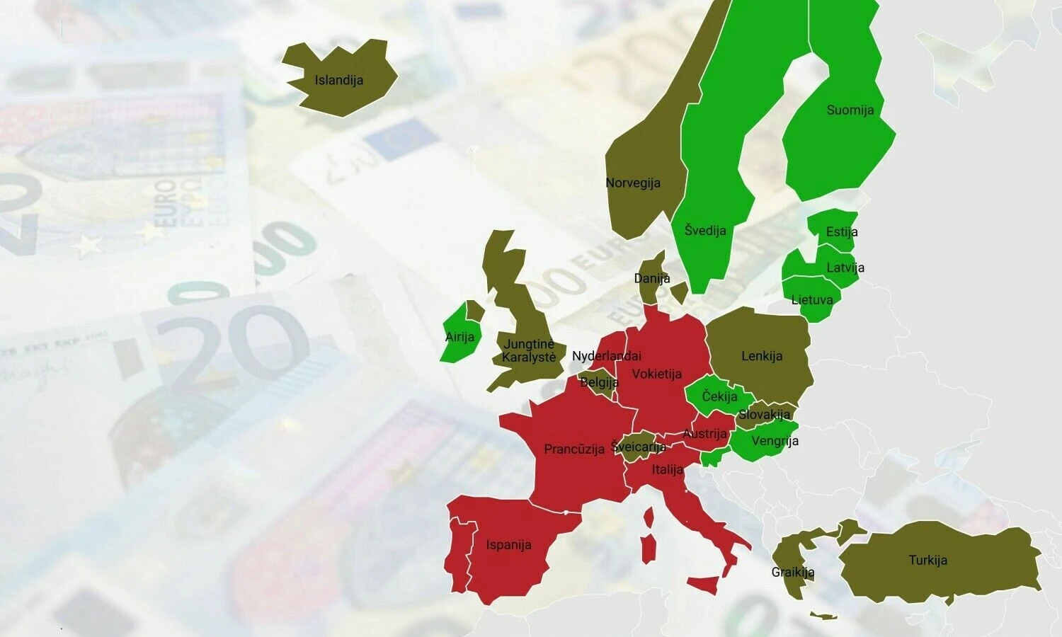 Pagal patrauklumą pelno apmokestinimo srityje: žalia – aukštas, raudona – žemas.  VŽ iliustracija.