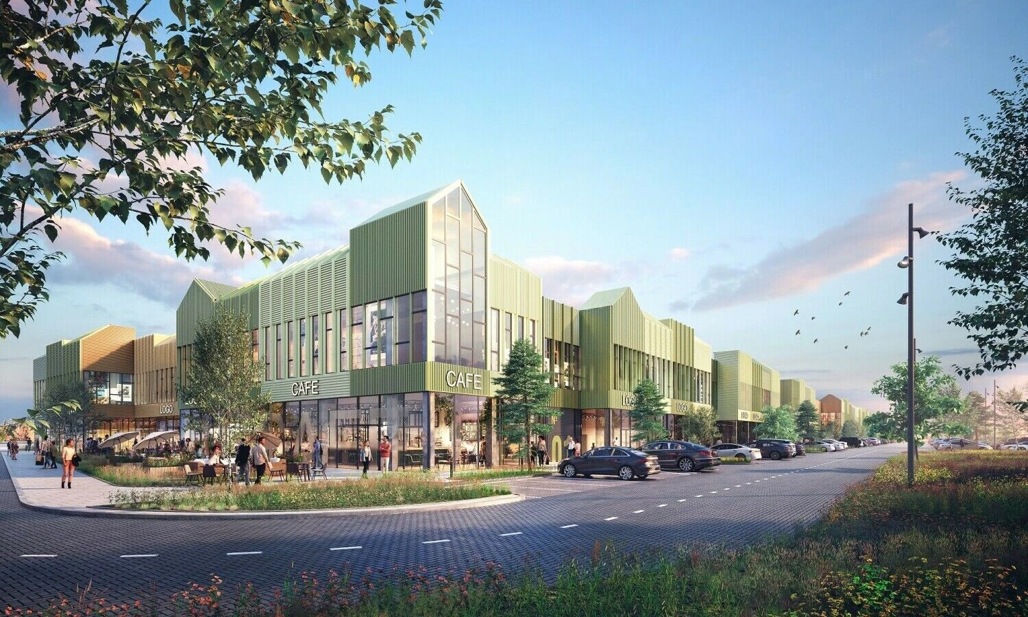 Prekybinių sandėlių miestelis „Urban Hub“ Vilniaus rajone. Architektų biuro „PLH Arkitekter“ vizualizacija.