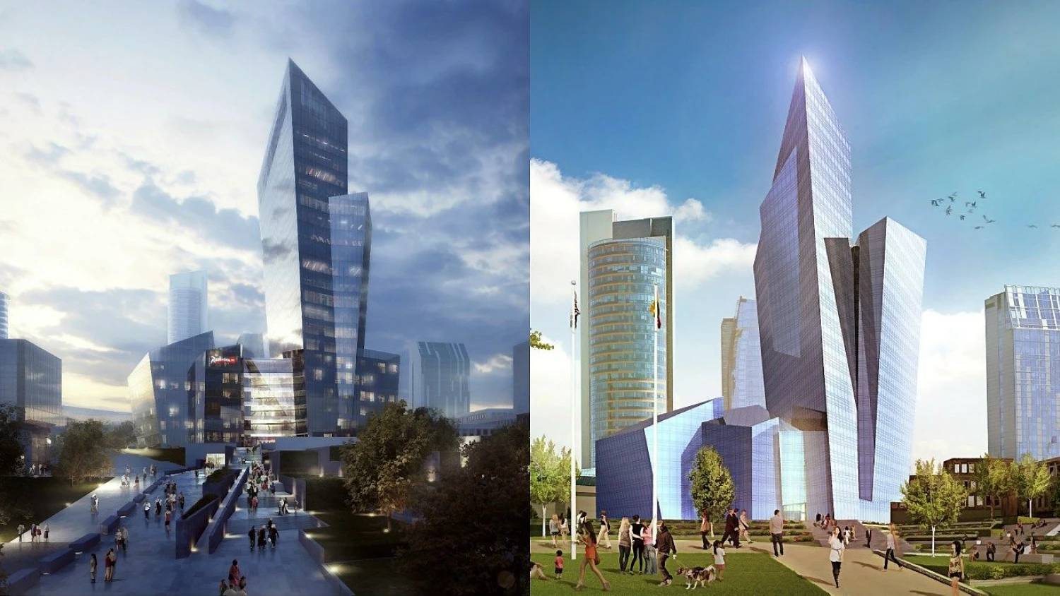 Kairėje – patikslintas projektas, dešinėje – konkursinis pasiūlymas. „Studio Libeskind“ vizualizacijos.