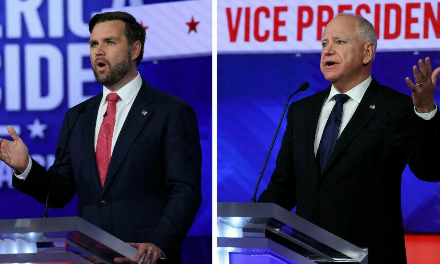 J.D Vance'as (kairėje) ir Timas Walzas – Donaldo Trumpo bei Kamalos Harris pasirinkti kandidatai į JAV viceprezidentus. Mike'o Segaro („Reuters“ / „Scanpix“) nuotr.