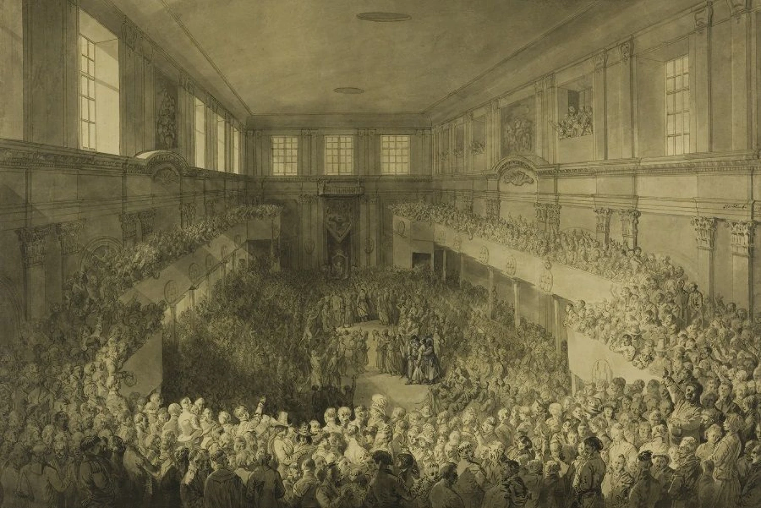 1791 m. gegužės 3 d. Konstitucijos priėmimas Karalių rūmų Senatorių salėje Varšuvoje. Dailininkas Žanas Pjeras Norblinas de la Gurdenas, apie 1791 m. Lenkijos nacionalinė biblioteka. R.4312/WAF.9 / „lrs.lt“