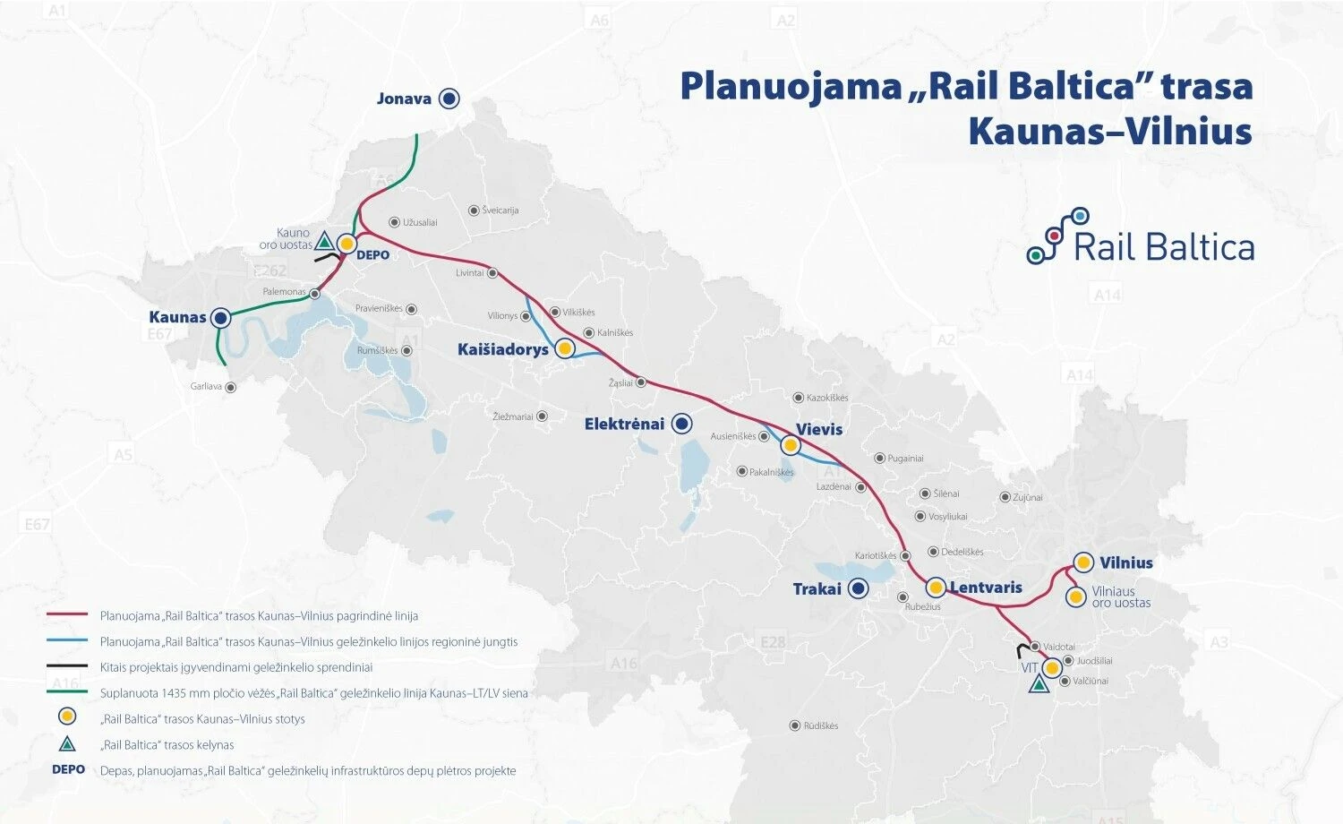 „Rail Baltica“ atkarpos į Vilnių žemėlapis. LTG schema.