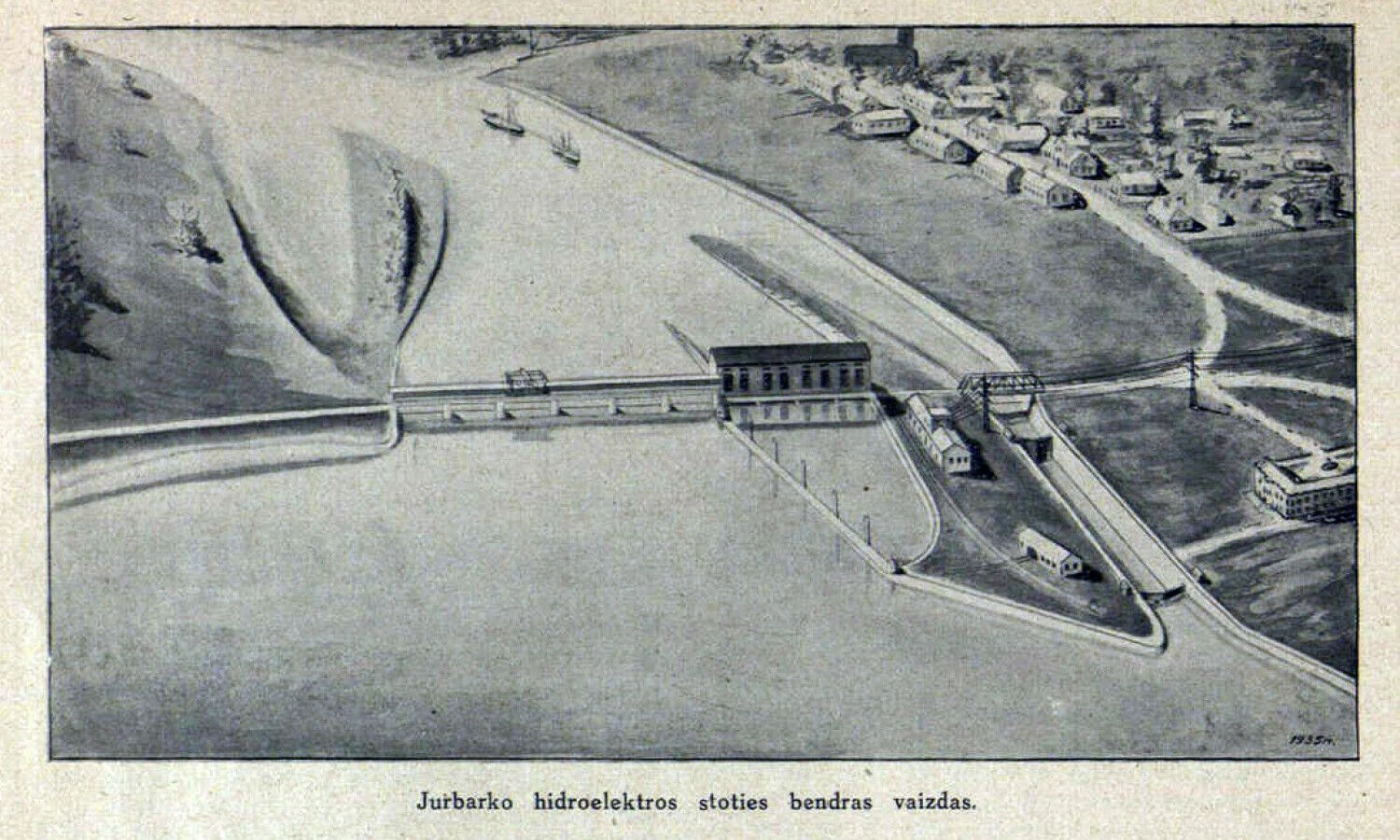 Taip turėjo atrodyti Jurbarko hidroelektrinė, kuri nebuvo pastatyta. Piešinys iš inžinieriaus J. Smilgevičiaus projekto žurnale „Technikos apžvalga“, 1935 m. Nr. 1.