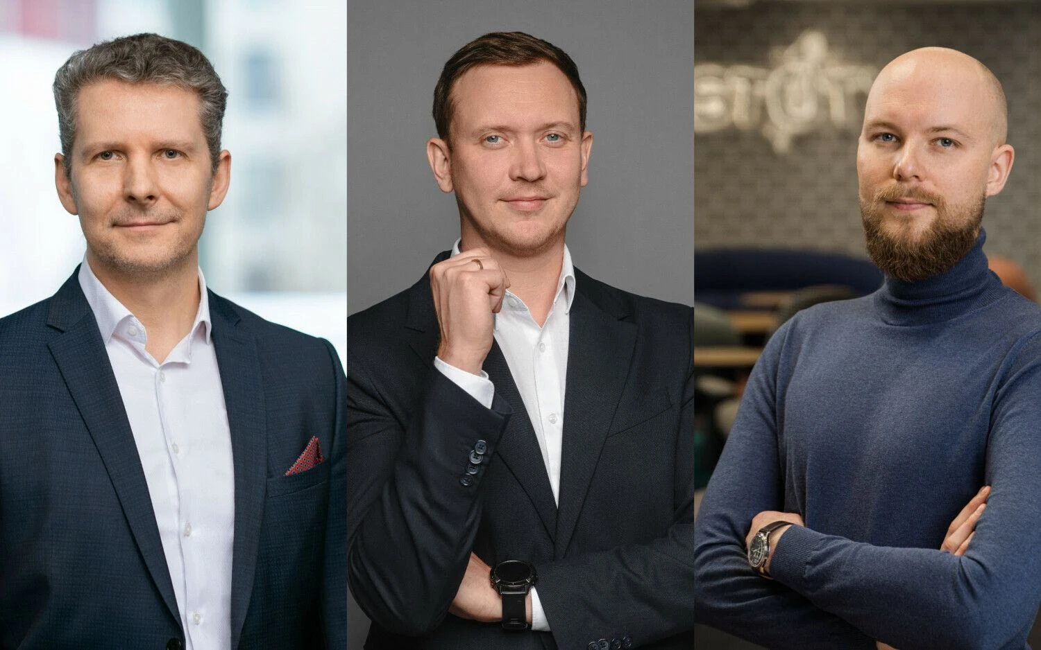 Š. Ruzgys (kairėje), „Finora Bank“ vadovas ir valdybos pirmininkas, M.  Liaudanskas, „Capitalica Asset Management“ generalinis direktorius, A. Žvinys, mobilių žaidimų studijos „Estoty Vilnius“ vykdomasis direktorius. VŽ koliažas.