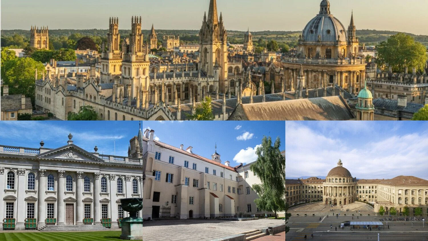 Oksfordas, Kembridžas, Vilniaus universitetas (Vladimiro Ivanovo nuotr.) ir Šveicarijos federalinis technologijos institutas Ciuriche (Gian Marco Castelberg nuotr.). VŽ koliažas