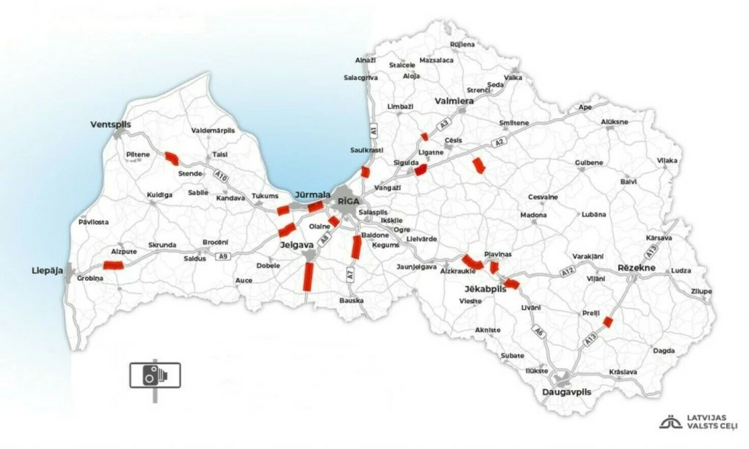 Vidutinio greičio matuoklių Latvijoje žemėlapis. „Latvijas valsts celi“ schema.