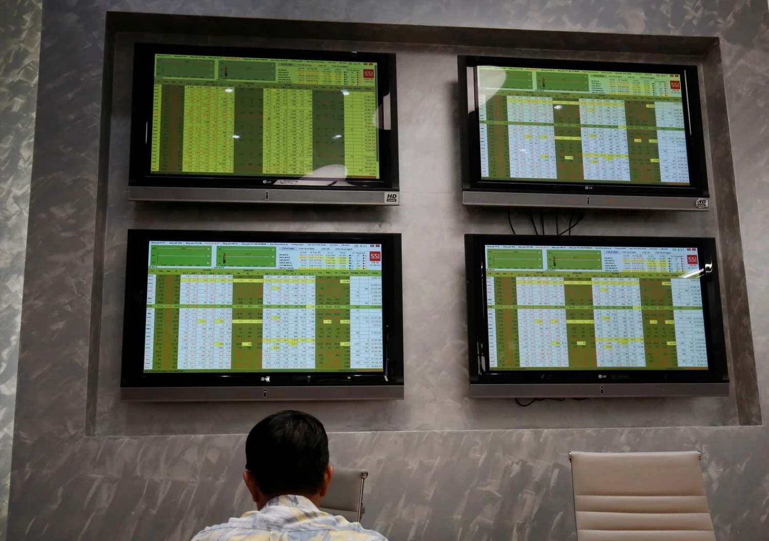 An investor sits in front of screens showing stock board information at a securities company in Hanoi, Vietnam July 6, 2018. Picture taken July 6, 2018. REUTERS/Kham