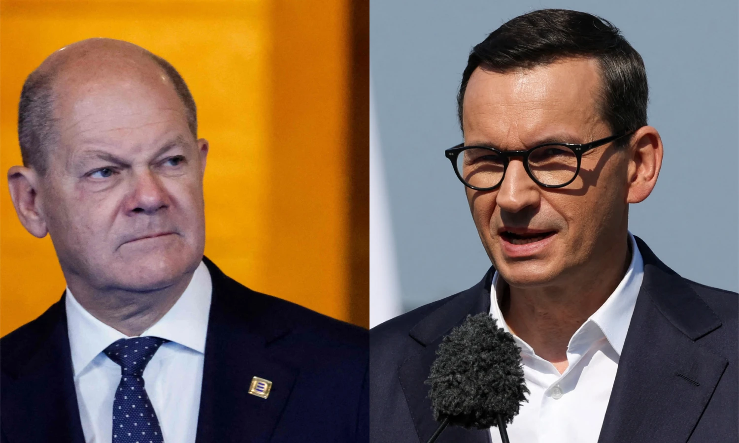 Olafas Scholzas, Vokietijos kancleris, ir Mateuszas Morawieckis, Lenkijos premjeras. VŽ montažas (AFP/„Reuters“/„Scanpix“ nuotr.).