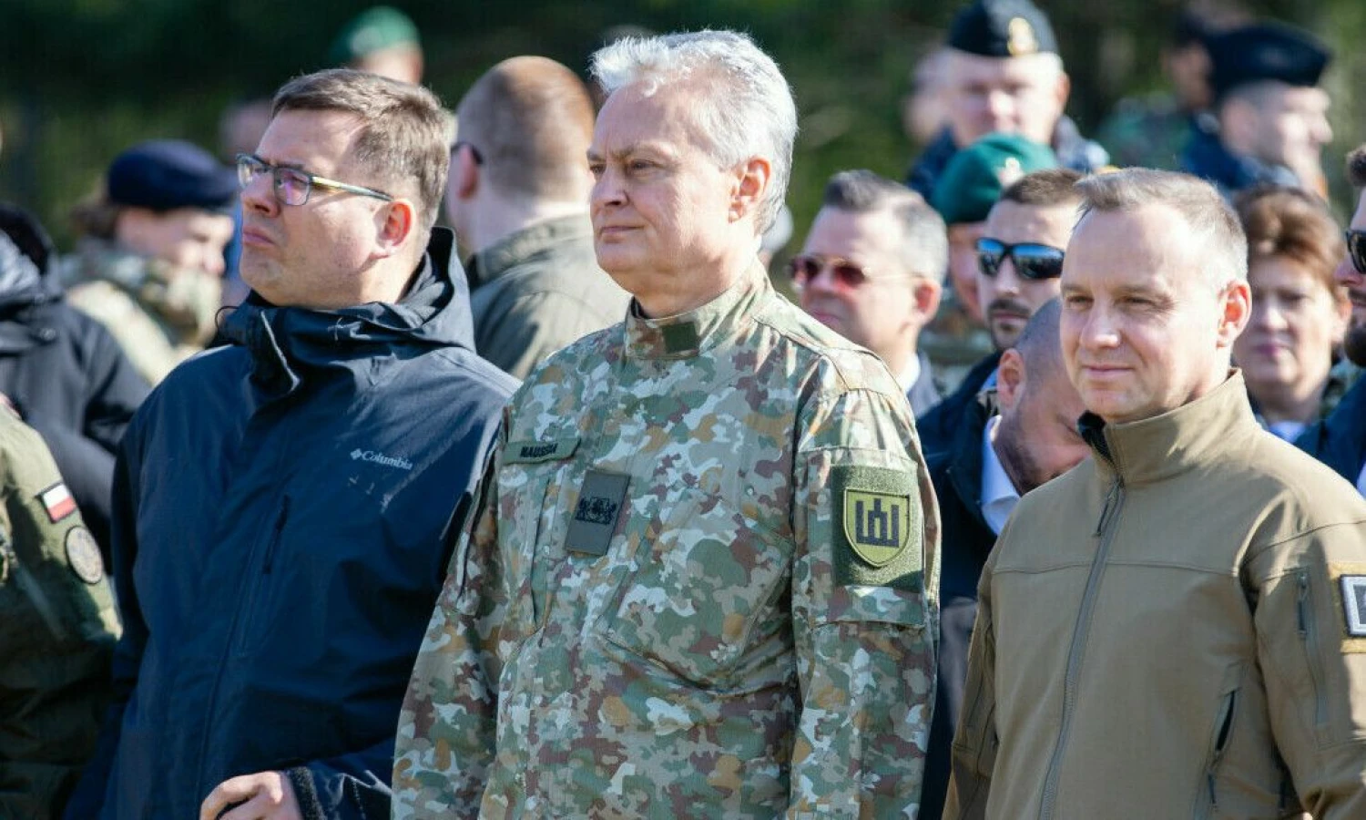 (Iš kairės) Laurynas Kasčiūnas, krašto apsaugos ministras, G. Nausėda ir A. Duda, Lietuvos ir Lenkijos prezidentai. Teodoro Biliūno (BNS) nuotr.