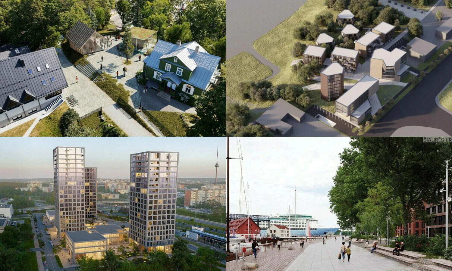 Biuro „Fragment architektai“ projektas „Sodyba“ Anykščiuose, biuro „G.Natkevičius ir partneriai“ projektas „Intakas“ Kaune, biuro „Pupa“ projektas „Šiaurės krantas“ Klaipėdoje ir biuro „Architektūros kūrybinė grupė“ projektas „Mikro miestas“ Vilniuje. VŽ koliažas.