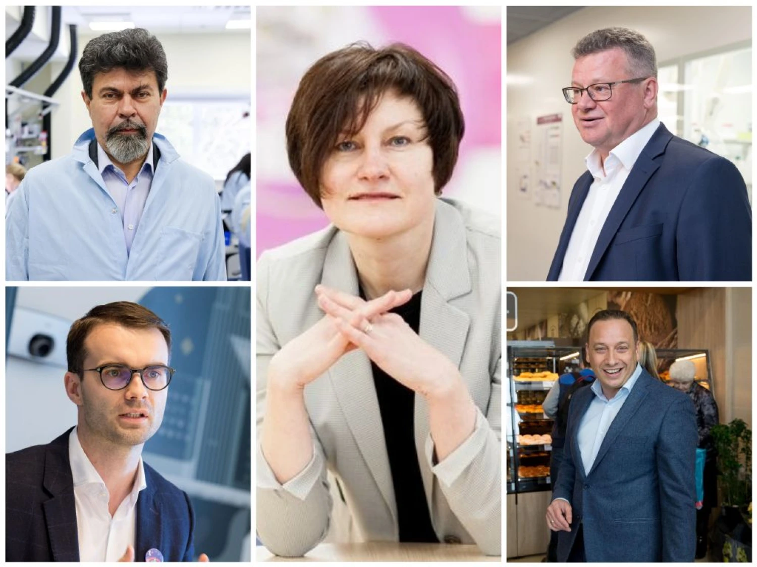 Aliaksandr Alsheuski, aukštųjų technologijų įmonių grupė UAB „Yukon Advanced Optics Worldwide“ vadovas; Viktoras Gurgždys, JAV programavimo paslaugų įmonės „Devbridge“ viceprezidentas ir Lietuvos padalinio vadovas (kairėje); Aušra Žemaitienė, UAB „Mars Lietuva“ vadovė (viduryje); Algimantas Markauskas, biotechnologijų UAB „Thermo Fisher Scientific Baltics“ generalinis direktorius ir viceprezidentas Baltijos regionui; Radostinas Dimitrovas Roussevas-Peine, UAB „Lidl Lietuva“ generalinis direktorius (dešinėje). VŽ koliažas.