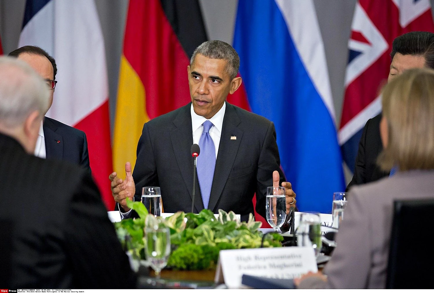 United States President Barack Obama, center, speaks as Xi Jinping, China's president, right, and Francois Hollande, France's president, left, listen during a P5+1 multilateral meeting at the Nuclear Security Summit in Washington, D.C., U.S., on Friday, April 1, 2016. After a spate of terrorist attacks from Europe to Africa, Obama is rallying international support during the summit for an effort to keep Islamic State and similar groups from obtaining nuclear material and other weapons of mass destruction. Photo Credit: Andrew Harrer/CNP/AdMedia/ADMEDIA_adm_040116_ObamaNSS_CNP_010/Credit:Andrew Harrer/SIPA/1604020204