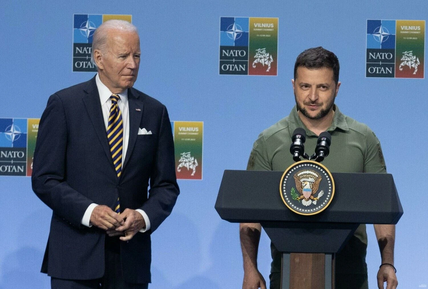 Pastarąjį kartą J. Bidenas ir V. Zelenskis susitiko vidurvasarį Vilniuje, per NATO viršūnių susitikimą. Juditos Grigelytės (VŽ) nuotr.