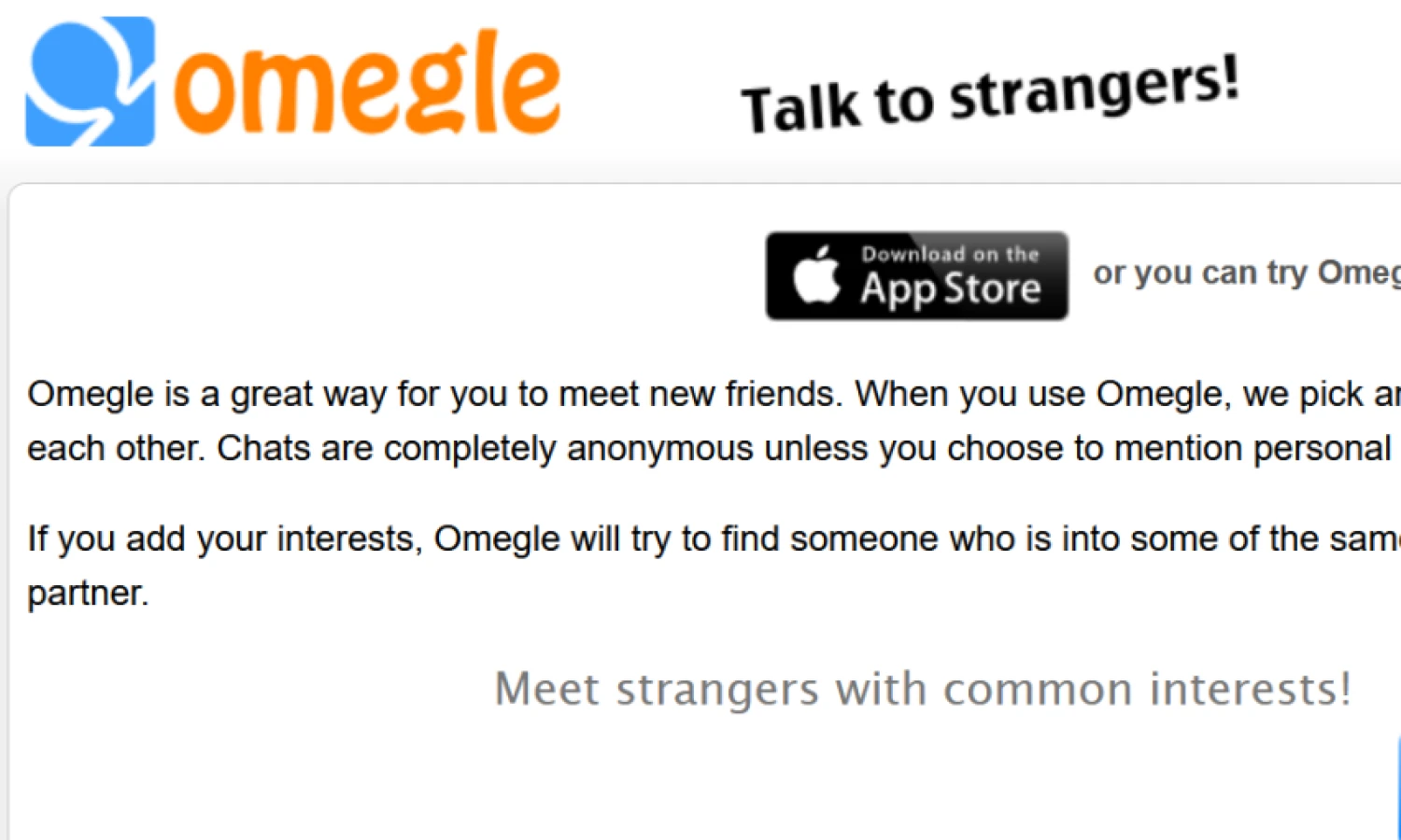 „Omegle“ pradžios puslapis 2012 m. Ekrano nuotr. iš „Web Archive“ internetinių puslapių archyvo.