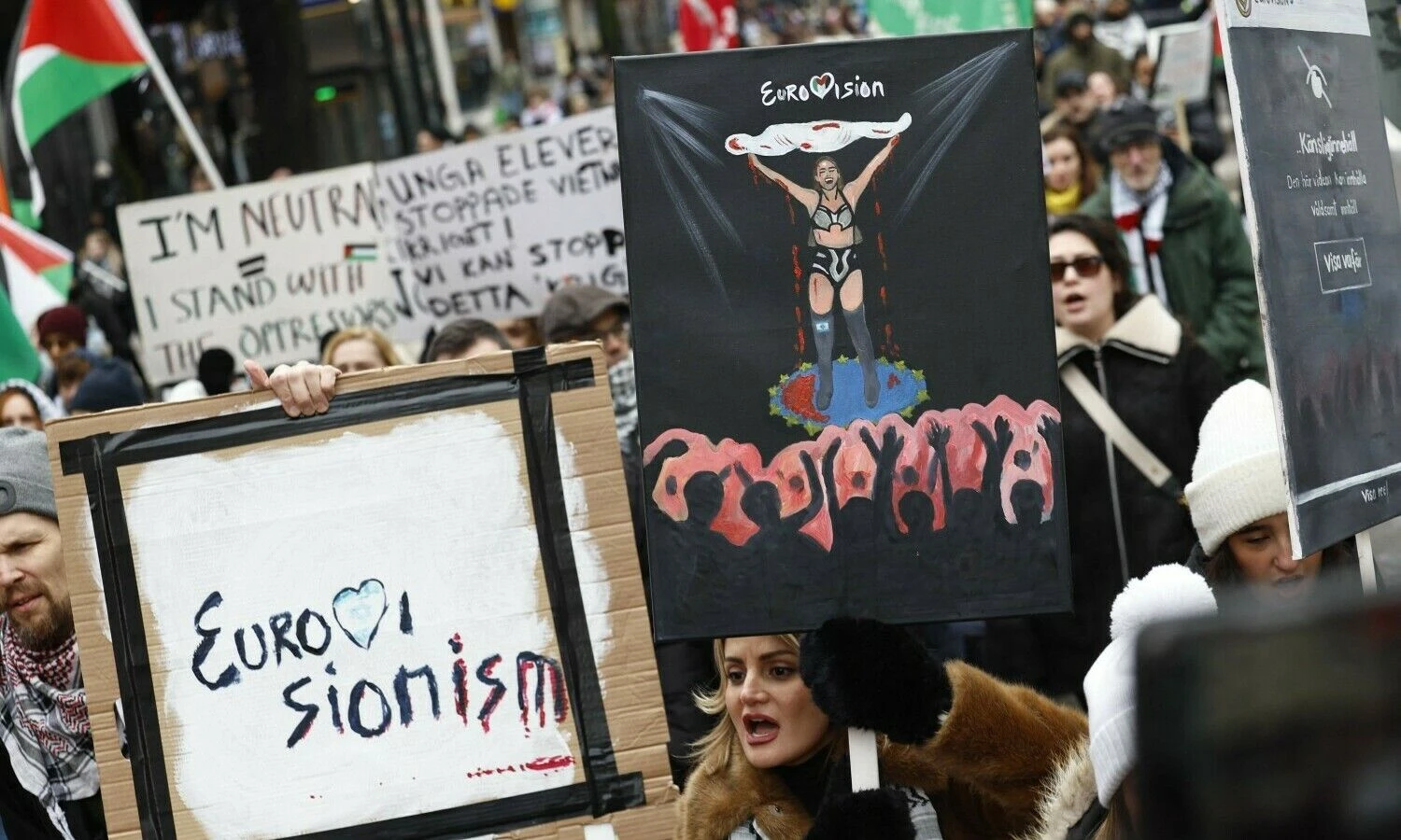 Protestai prieš Izraelio dalyvavimą „Eurovizijos“ konkurse. 2024 m. vasaris, Stokholmas. Fredriko Perssono (AFP / „Scanpix“) nuotr.