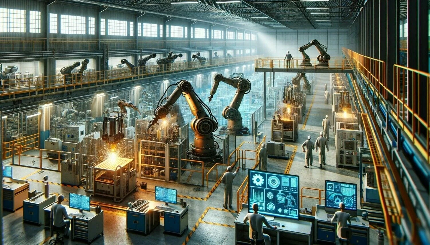 DALL-E įrankiu sugeneruotas futuristinės gamyklos vaizdas.