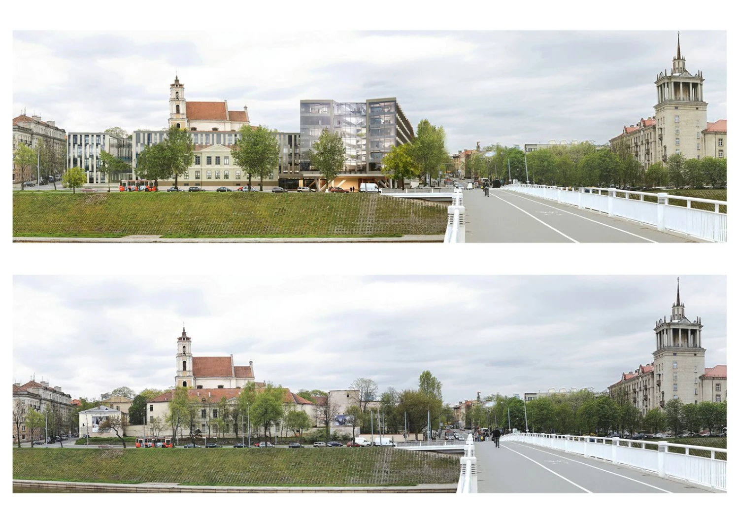 Pirminio biurų ir viešbučio projekto vizualizacija ir dabartinis teritorijos vaizdas nuo Baltojo tilto. Bendrovės nuotr.