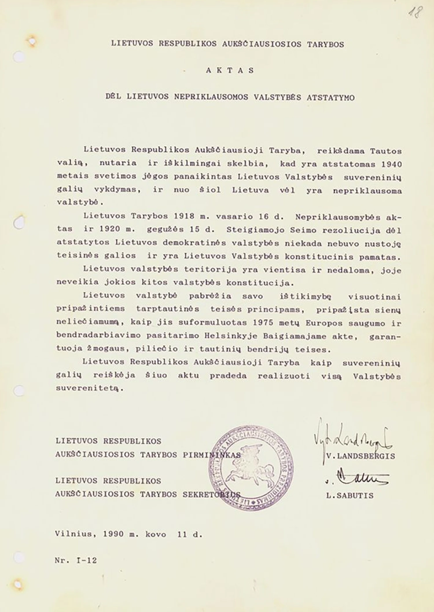 Aktas dėl Lietuvos nepriklausomos valstybės atstatymo, faksimilė. Lietuvos Respublikos Seimo archyvo nuotr. 
