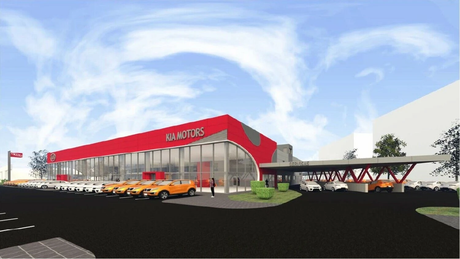 Naujo „Kia Auto“ centro projektas Vilniuje bus perdaromas, pritaikant prekybai „Kia“ ir „Škoda“ automobiliais. AIF LT vizualizacija.