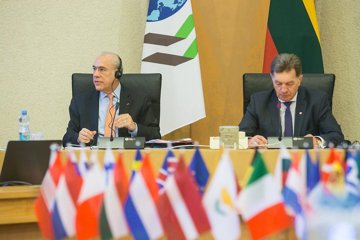 Angelis Gurria, EBPO generalinis sekretorius, ir Algirdas Butkevičius, laikinasis premjeras, pirmosios organizacijos atskaitos Lietuvai pristatymo metu Vilniuje, 2016 m. kovą.
Juditos Grigelytės (VŽ) nuotr.