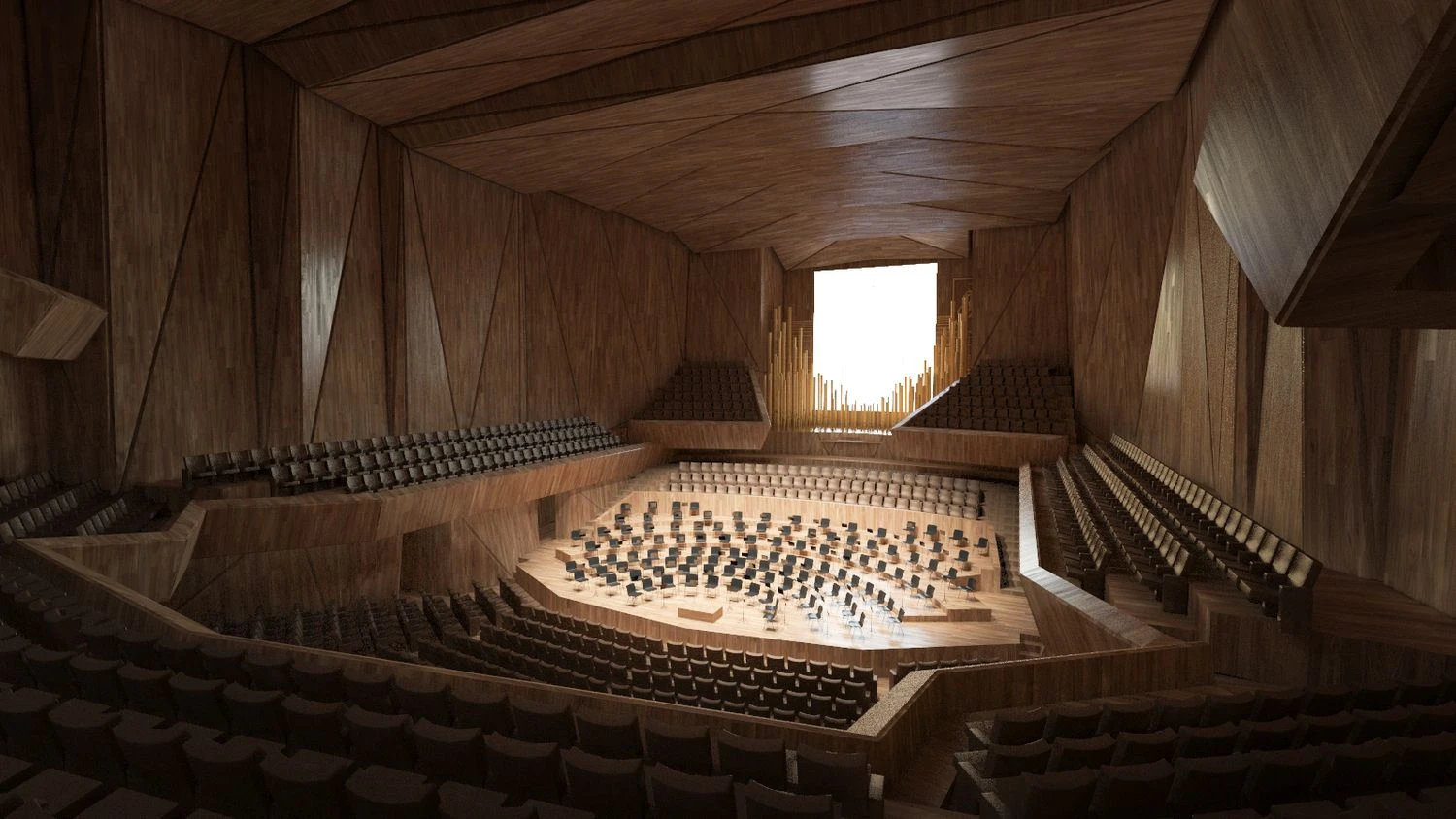 Nacionalinės koncertų salės pagrindinė salė. „Arquivio Architects“ vizualizacija.
