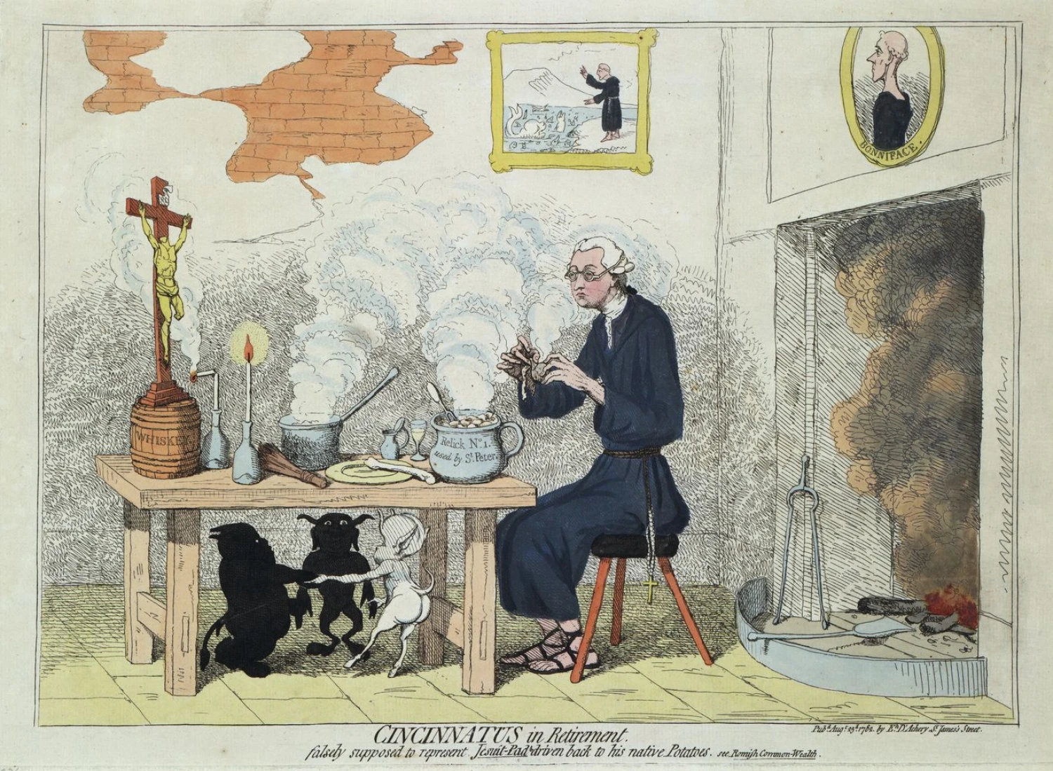 Edmundas Burke’as šioje karikatūroje vaizduojamas kaip jėzuitas. Mary Evans rinkinys. Kongreso bibliotekos kolekcija