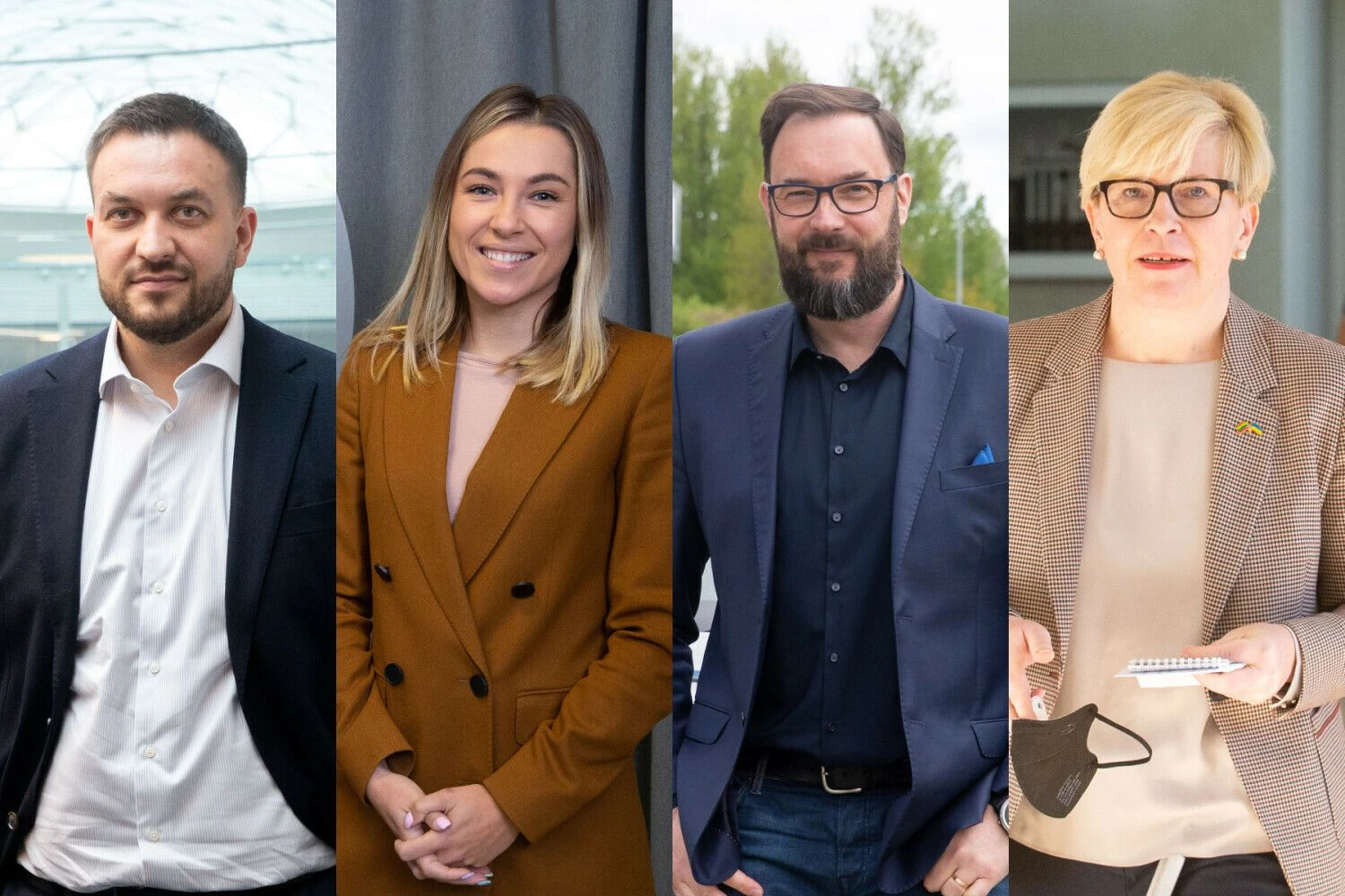 J. Adomavičius, „Bunastos“ vadovas, V. Čijunskytė, „Profitus“ vadovė, K. Kaikaris, „CityBee“ platformos vadovas, premjerė I. Šimonytė (iš kairės) . VŽ montažas