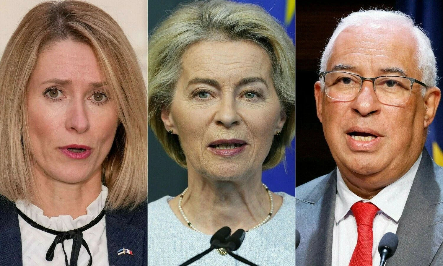 Kaja Kallas, Estijos premjerė, EK pirmininkė Ursula von der Leyen ir buvęs Portugalijos premjeras Antonio Costa. (AFP/„Scanpix“) nuotr.