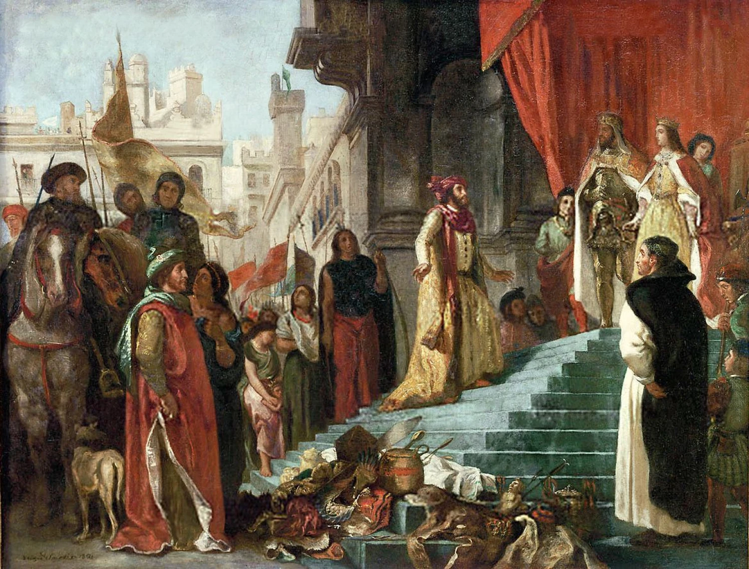 „Cristoforo Colombo sugrįžimas; jo audiencija pas karalių Ferdinandą II ir Izabelę I“. Eugene Delacroix paveikslas.