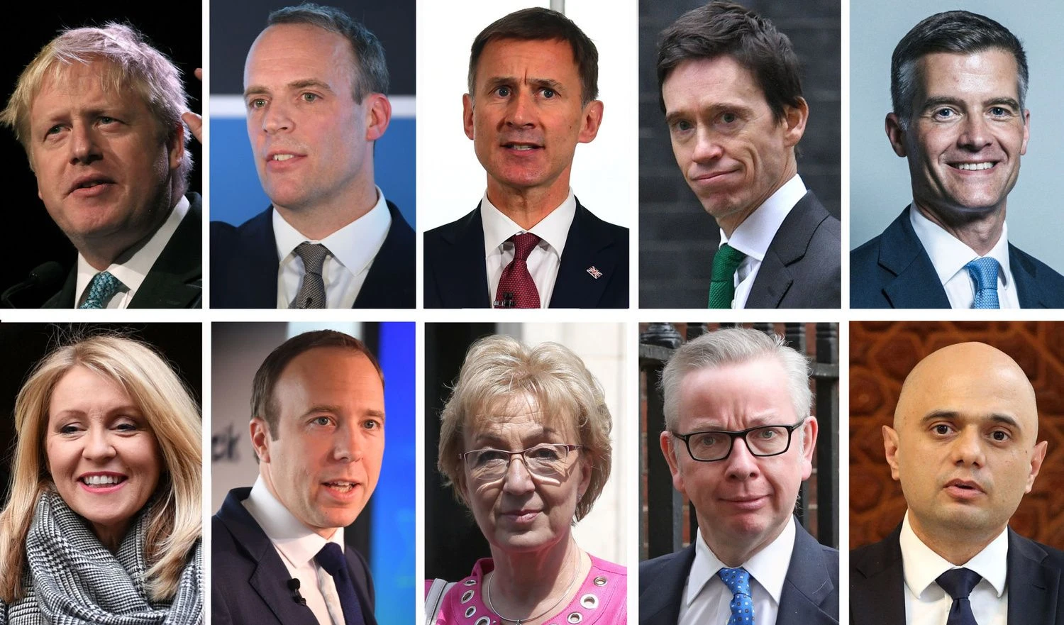 (viršuje) Borisas Johnsonas, Dominicas Raabas, Jeremy Huntas, Rory Stewartas, Markas Harperis, (apačioje) Esther McVey, Mattas Hancockas, Andrea Leadsom, Micahaelas Gove‘as, Sajidas Javidas. PA Wire/„Scanpix“ nuotr. 