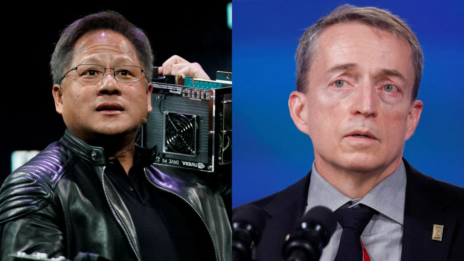 Jensenas Huangas, „Nvidia“ vadovas (kairėje) ir Patas Gelsingeris, „Intel“ vadovas. VŽ koliažas.