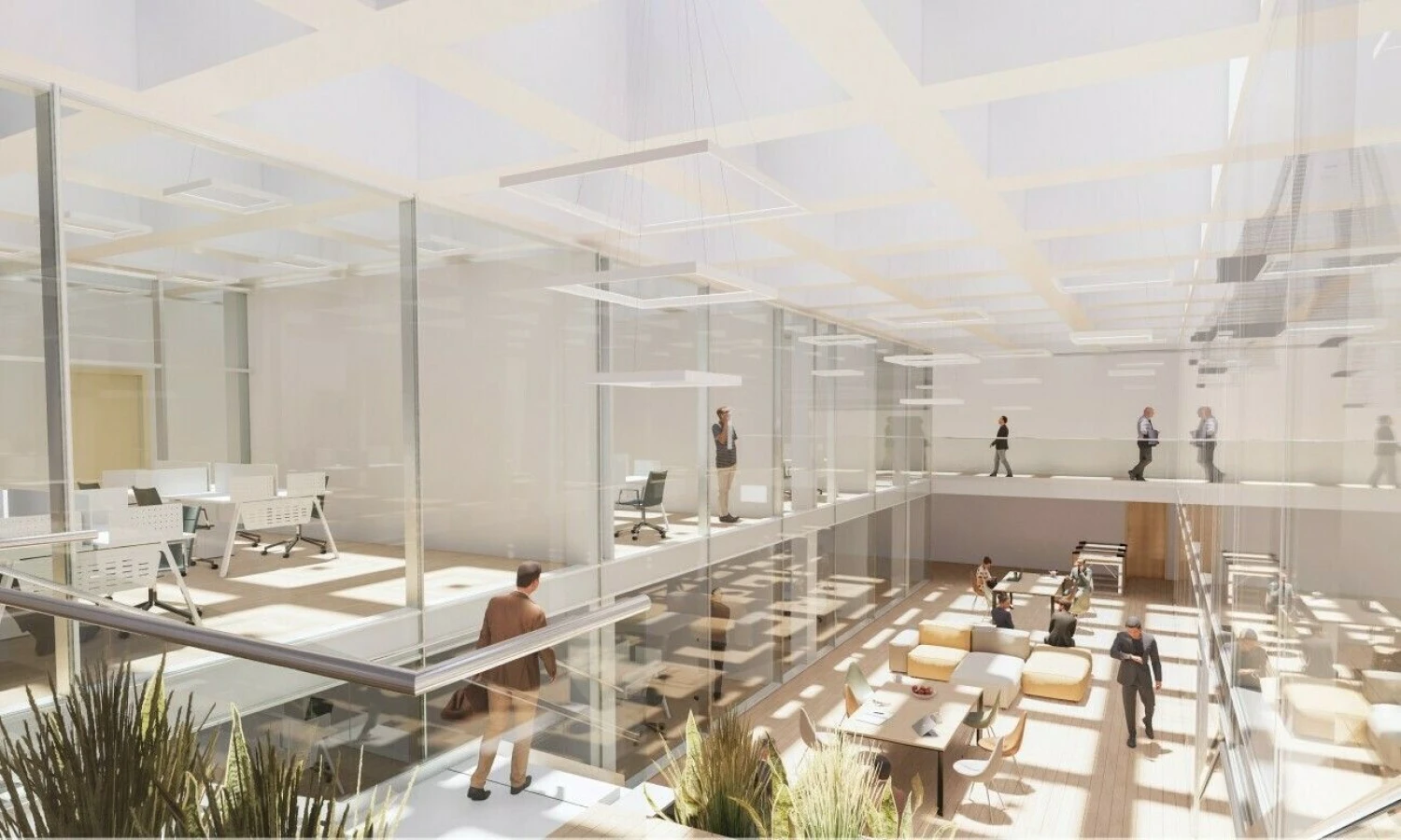 Planuojamo atnaujinti ministerijų pastato atriumas. Architektų biuro „Viltekta“ vizualizacija.