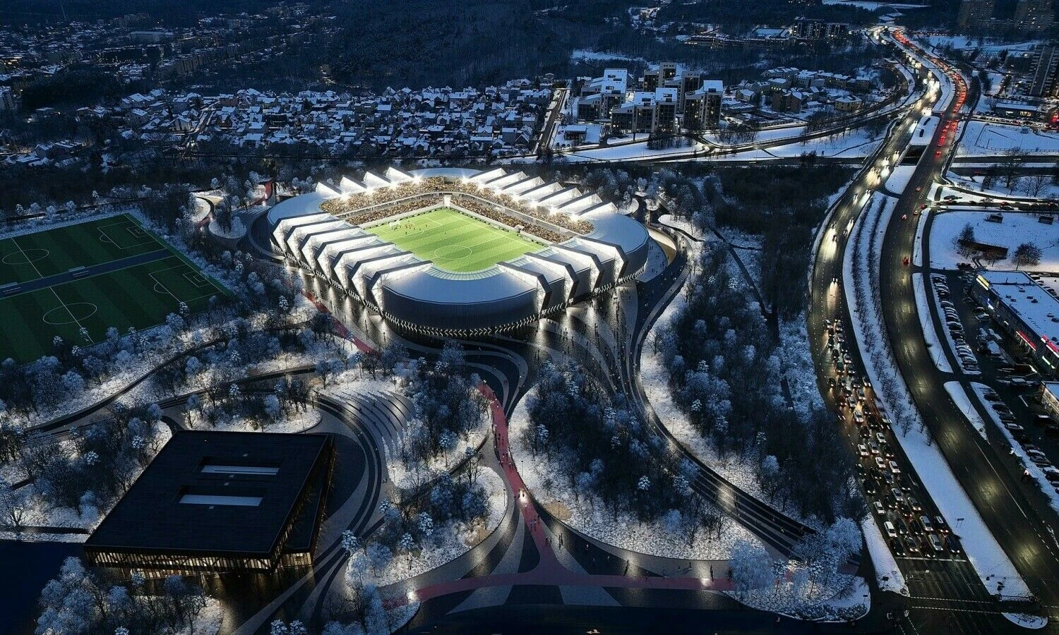 Nacionalinio stadiono kompleksas Vilniuje. „Cloud architektai“ vizualizacija.