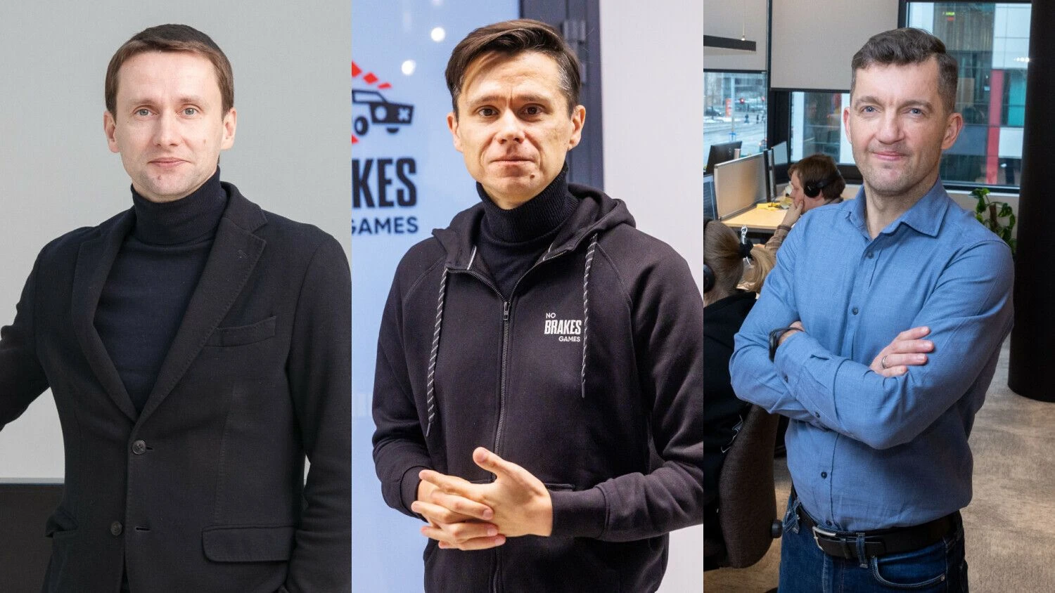 Iš kairės – Mantas Katinas, „Wargaming Vilniaus“ vadovas, Gediminas Tarasevičius, Lietuvos žaidimų kūrėjų asociacijos vadovas, ir Simonas Stūrys, „Nordcurrent“ rinkodaros vadovas. VŽ koliažas.