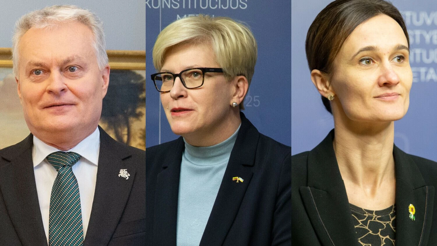 Prezidentas Gitanas Nausėda, Premjerė Ingrida Šimonytė, Seimo pirmininkė Viktorija Čmilytė-Nielsen. Fotokoliažas.