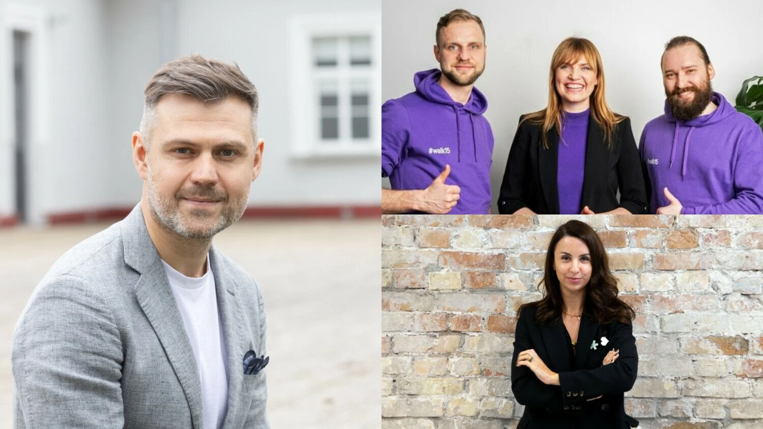 Kairėje: Arvydas Bložė, „Practica Capital“ partneris, dešinėje (iš viršaus): „Walk15“ įkūrėjų komanda, Inga Langaitė, asociacijos „Unicorns Lithuania“ vadovė. VŽ koliažas.