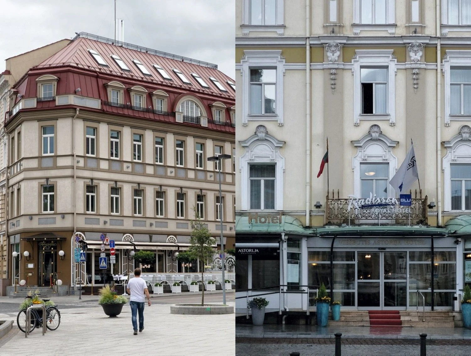 Viešbučiai „Kempinski“ ir „Radisson Blue Royal Astorija“ Vilniuje. VŽ koliažas.