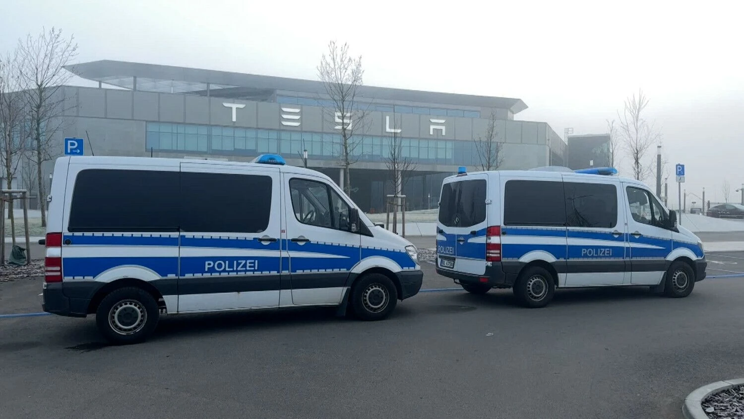 Policijos pareigūnai greta „Tesla“ gamyklos. Lutzo Deckwertho (DPA / „Scanpix“) nuotr.