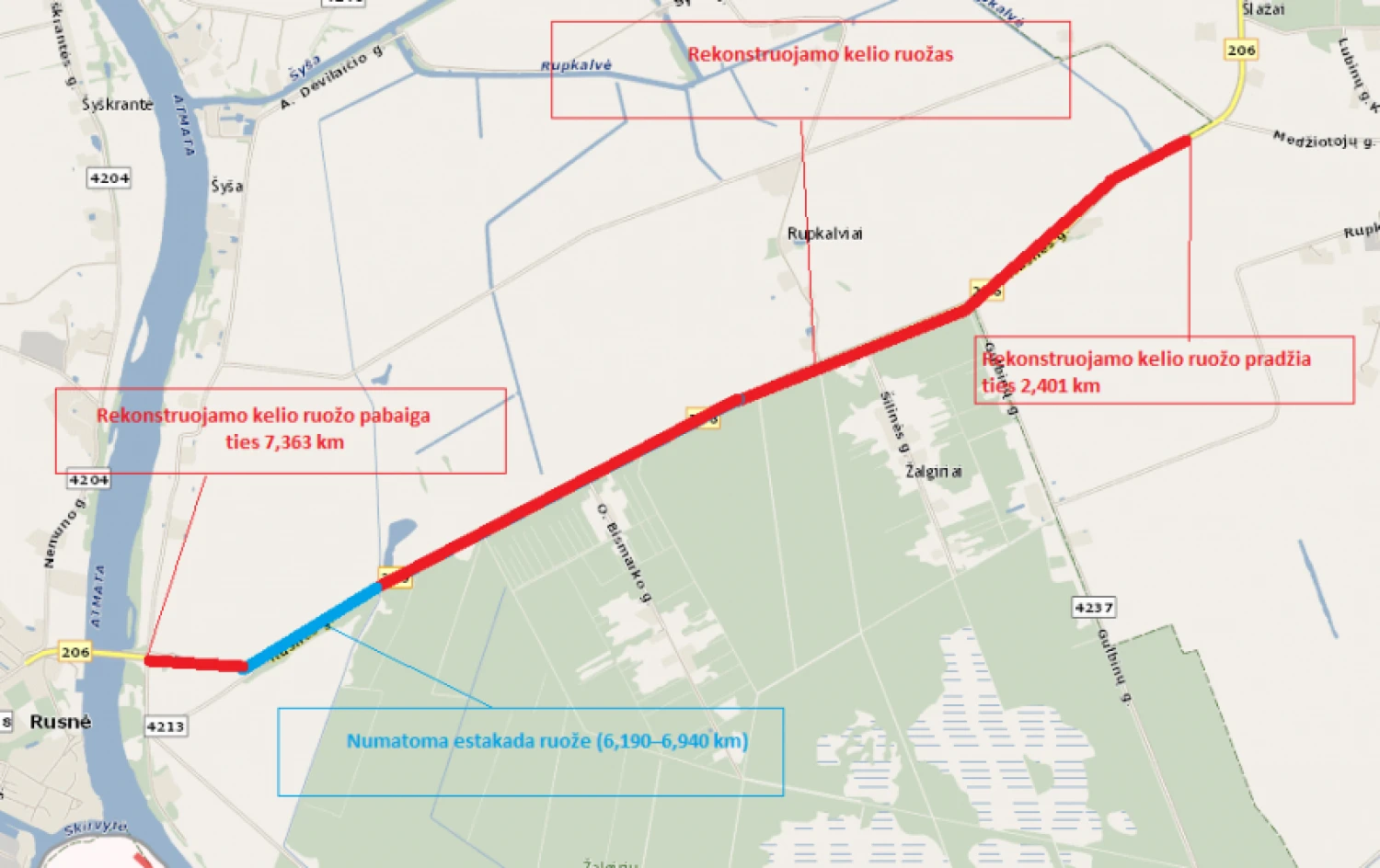 2018 m. kelias iš Šilutės į Rusnę bus rekonstruotas, užliejamojoje jo dalyje įrengiant estakadą. Susisiekimo ministerijos schema.