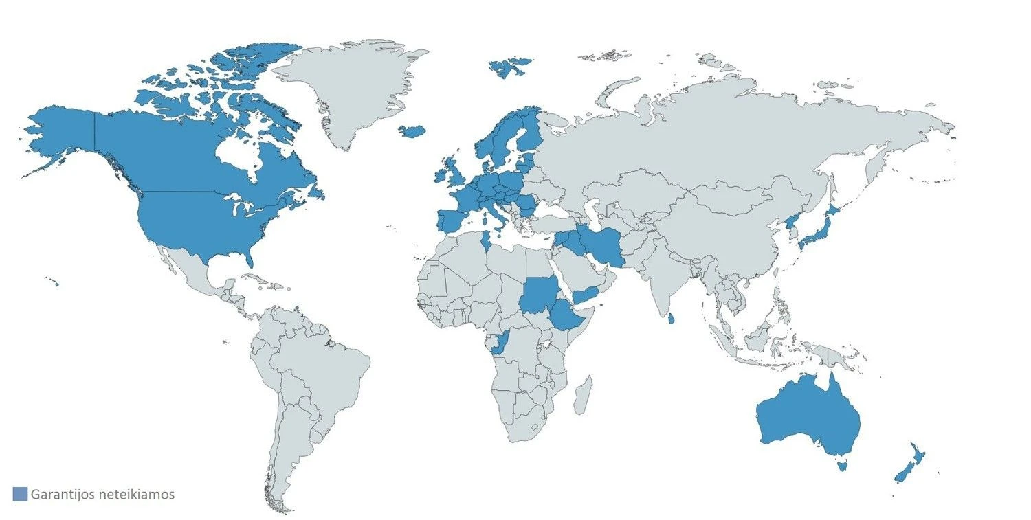 Eksporto kredito garantijos teikiamos už eksporto sandorius į šalis, kur yra didelė neatsiskaitymo rizika, o neteikiamos, pvz., į ES valstybes (be Graikijos), Australiją, Japoniją, JAV, Kanadą, Norvegiją, Šveicariją.