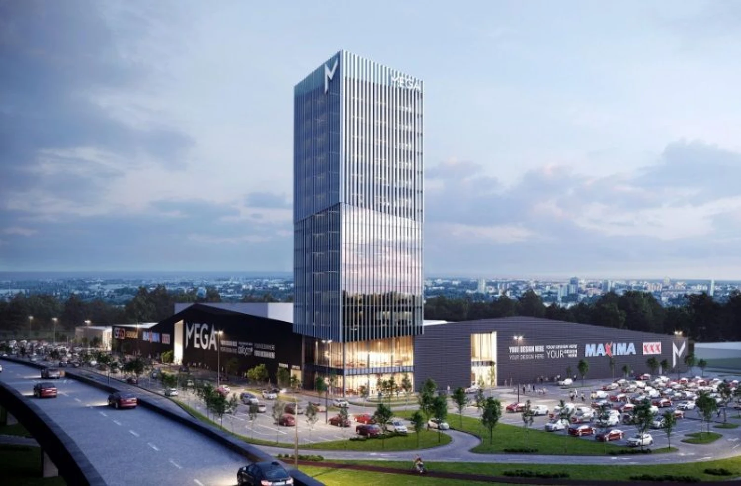 Klaipėdoje planuojamas prekybos centro „Mega“ su biurų pastatu projektas. „313 Architects“ vizualizacija.