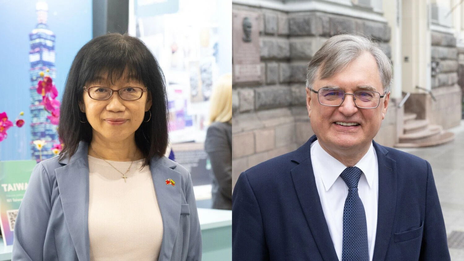Yijuang Chern, Taivano Nacionalinės mokslo ir technologijų tarybos ministro pavaduotoja, ir Gintaras Valinčius, Lietuvos mokslo tarybos pirmininkas. VŽ koliažas.