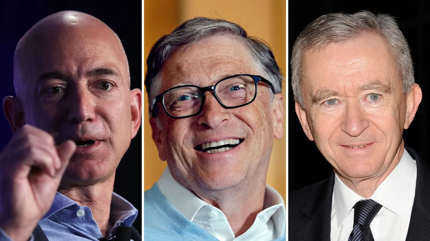 Trys turtingiausi pasaulio žmonės: Jeffas Bezosas, „Amazon“ įkūrėjas (110,3 mlrd. USD), Billas Gatesas, vienas „Microsoft“ įkūrėjų (102,5 mlrd. USD), ir Bernard‘as Arnault, „LVMH Group“ vadovas (95,1 mlrd. USD). „AFP Photo“ / „Scanpix“ nuotr.