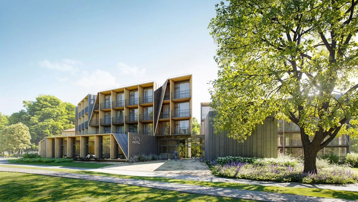 Planuojama, kad naujasis SPA viešbutis Druskininkuose, Ratnyčėlės ir Nemuno upių santakoje, duris atvers 2019 m. rudenį arba žiemą. Viešbučio vizualizacija.