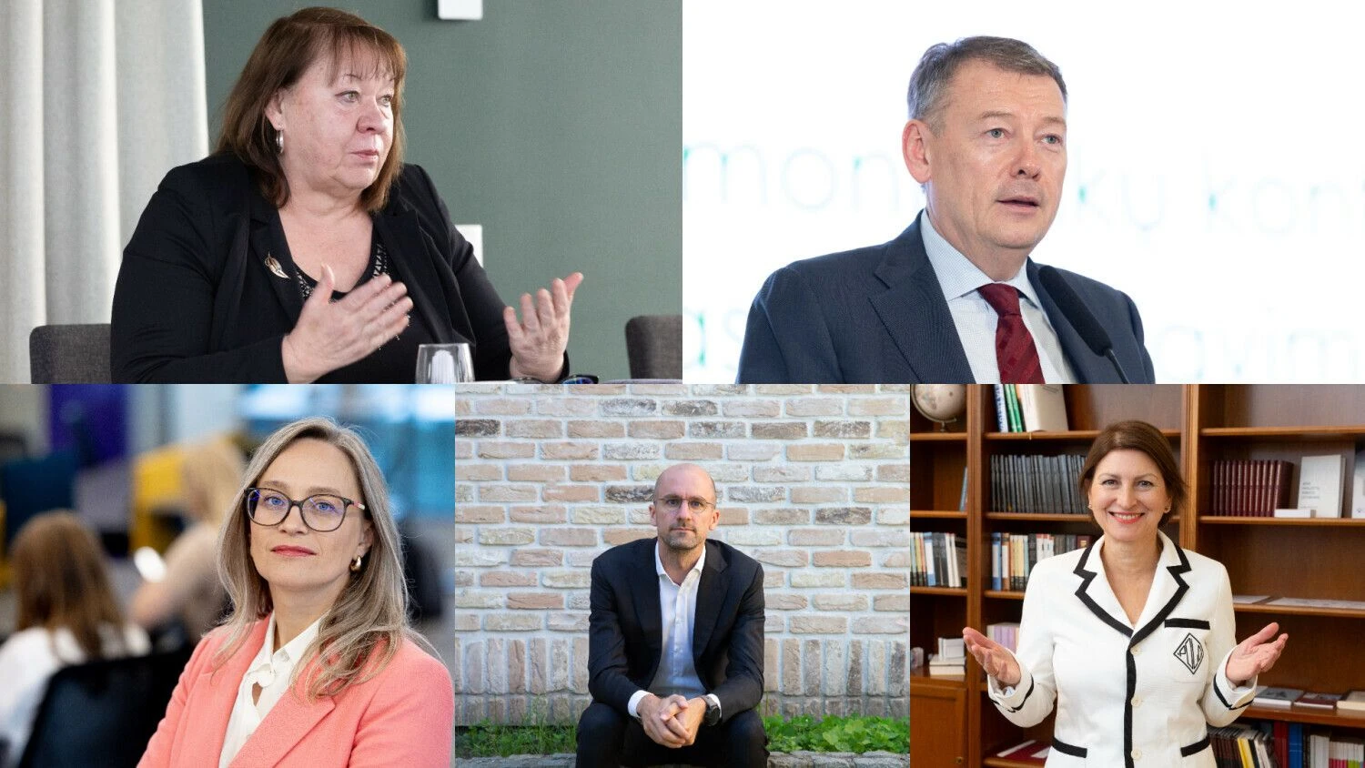 Viršuje – Rūta Skyrienė, Investuotojų forumo vykdomoji direktorė, Vidmantas Janulevičius, Lietuvos pramonininkų konfederacijos prezidentas. Apačioje – Gintarė Verbickaitė-Bačiulienė, asociacijos „Vienaragiai LT“ vadovė, Emilis Ruželė, laikinasis Lietuvos verslo konfederacijos vadovas, Elena Leontjeva, Laisvosios rinkos instituto prezidentė.