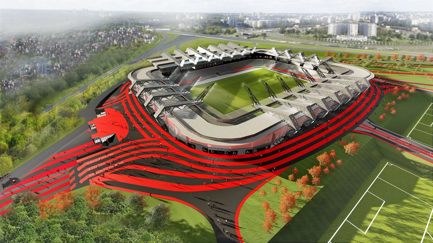 Įmonių konsorciumo, vedamo „Axis Indutries“, nacionalinio stadiono Vilniuje, Šeškinėje, projektas. Bendrovės vizualizacija