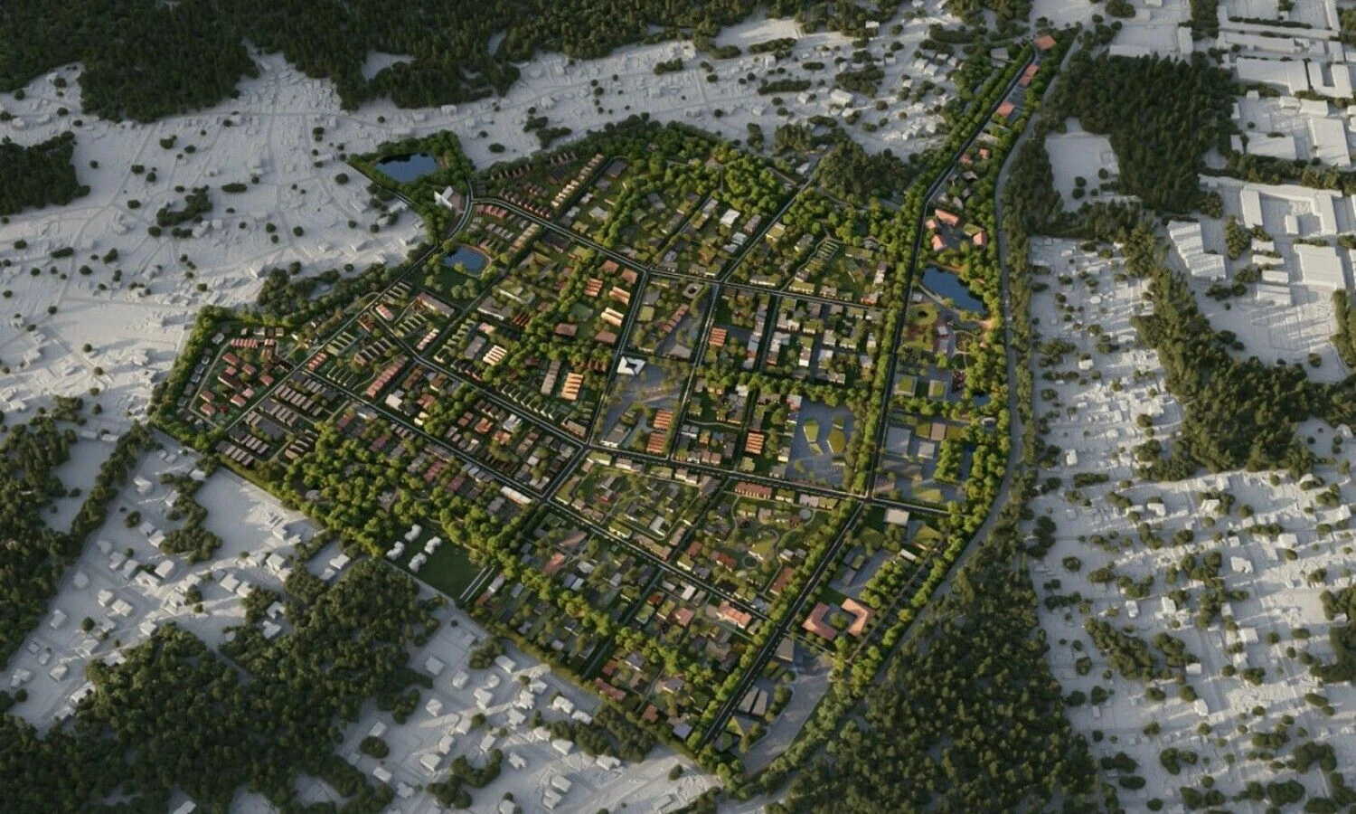 Planuojamo kvartalo ribos. Bendrovės vizualizacija.
